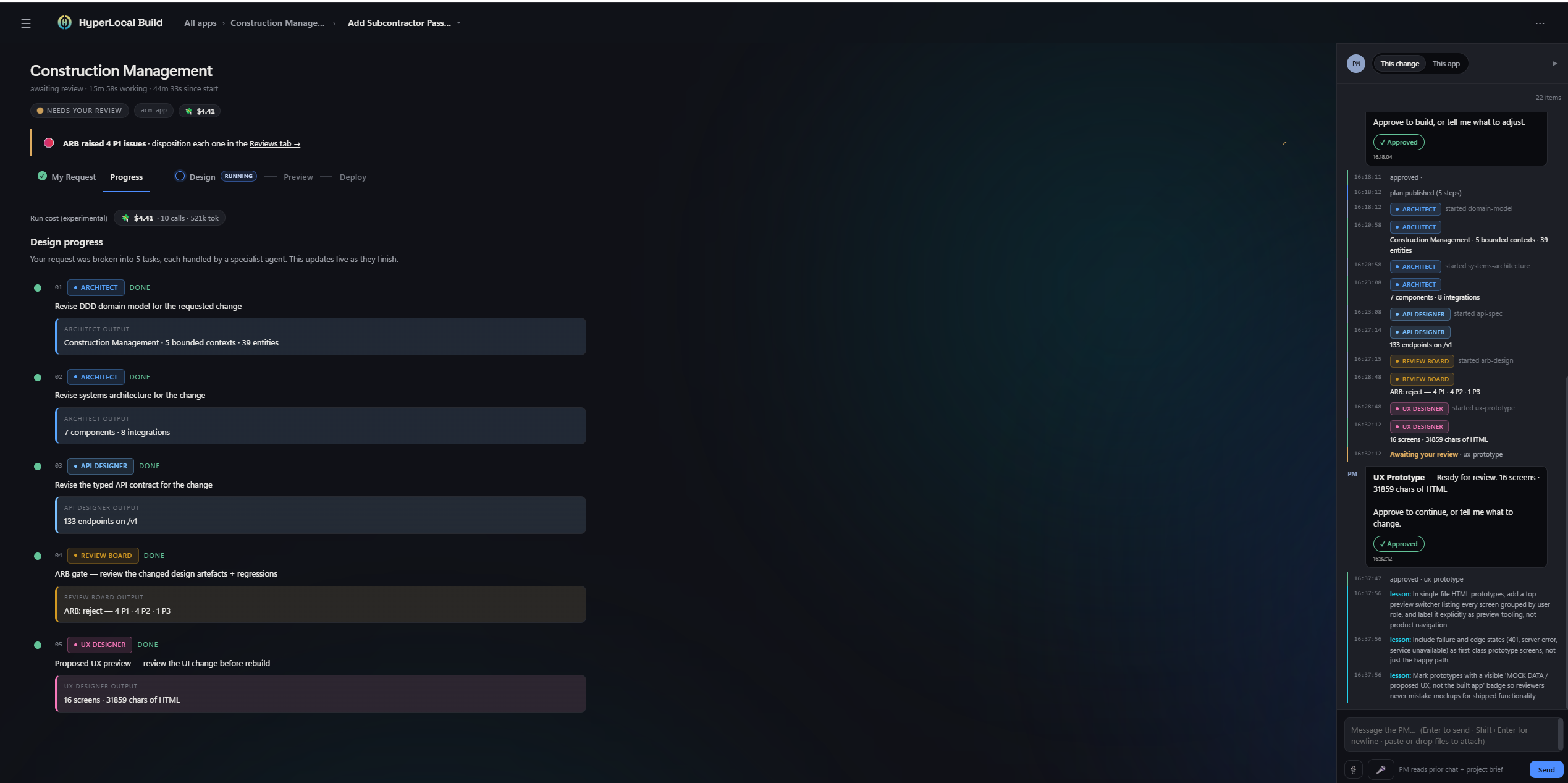 PM chat + cost badge